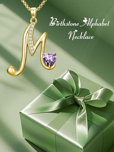 Zoeniya 18k Gold M Initial Necklaces for Women Amethyst February Birthstone Alphabets Letters Pendant Necklace Name Jewelry Christmas Valentine Mothers Day Birthday Gifts for Women Her Friend - Thumbnail 2