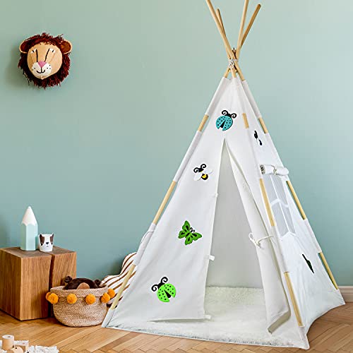 Ary's Land Teepee Tent for Kids | Foldable Kids Teepee Tent for Girl/Boys with Stickers, Carry Bag, Pockets, Fur Mat | Cotton Canvas Kids Tent| Indoor/Outdoor Play Tent (Flying Friends)
