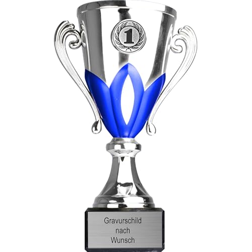 Pokal-Fabrik.de - Pokal mit Gravur Wunschtext in Silber-blau, 17 cm - personalisierte Auszeichnung & Sport Emblem nach Wahl - inkl. Marmorsockel - Geschenk-Trophäe - Pokal Kinder