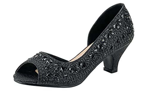 Fifty Tops Girls Fashion Kitten Heels - Glittering Rhinestone Dress Shoes For Kids - Peep Toe Low Pump Sandals For Fancy Events - Great For Weddings, Pageants, Church, Color Black 2,Us 4 Big Kid #TOP2