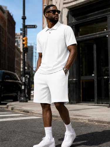 DEEX Men's Summer Beach Outfits 2 Piece Casual Shorts Short Sleeve Track Suits Golf Polo Vacation Texture Sets 2026