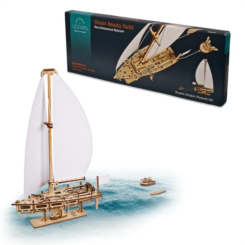 UGEARS Ocean Beauty 3D Wooden Sailing Yacht Model Kit with White Sails, 95 Pieces