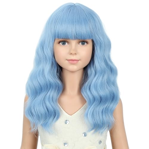 Image of PATTNIUM Light Blue Wig Short Blue Wigs with Bangs Shoulder Length Wavy Heat Resistant Synthetic Wig