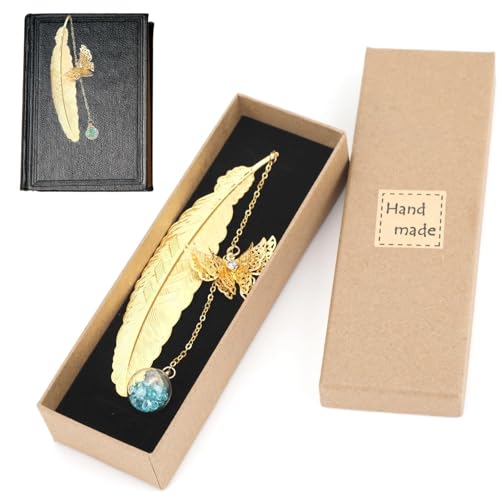 Marcadores de Plumas de Metálicas, Marcapáginas de Hoja, Diseño Único y Elegante Con Flores Secas y Colgante de 3D Mariposa, Regalo Ideal para Estudiantes y Amantes de La Lectura