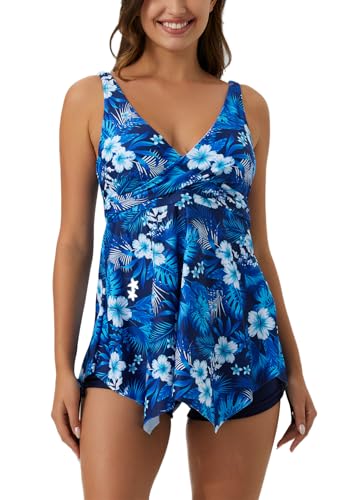 ECUPPER Womens Flowy Tankini Tops Only Plus Size Skirted Swimsuit Top Cover Floral Bathing Suit Swimdress with Built in Bra