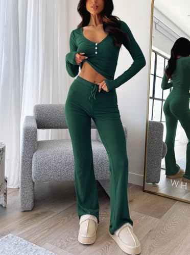 Ezbelle Women's Lounge Sets 2 Piece Outfits Long Sleeve Crop Button Down V Neck Shirt Knit Pajama Pant Fall Clothes2