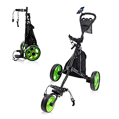 How True Golf Push Cart, Foldable Golf Cart,Golf Bag Cart With Foot Brake & Phone Holder & Cooler Bag #TOP27