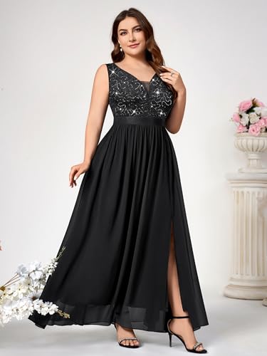 Knitee Women's Plus Size Sequin Lace Deep V-Neck Sleeveless Slit Formal Evening Maxi Dresses3