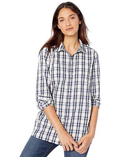 Amazon Brand - Goodthreads Women's Lightweight Twill Two-Pocket Relaxed Shirt, Off- Off-White/Navy Plaid, Large
