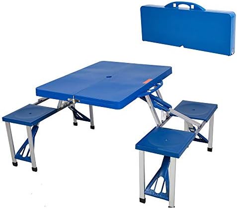 KARMAS PRODUCT Portable Folding Picnic Table with 4 Seats,Lightweight Plastic Outdoor Camping Suitcase Table with Chairs,Blue