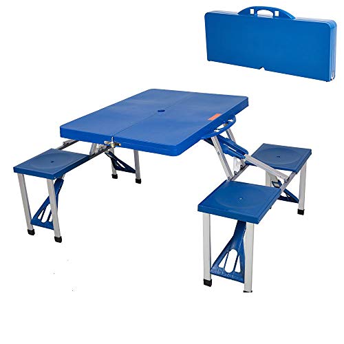 Karmas Product Portable Folding Picnic Table With 4 Seats,Lightweight Plastic Outdoor Camping Suitcase Table With Chairs,Blue #TOP12