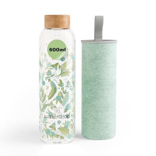 waterdrop® Botella de Agua 600ml – Cristal Borosilicato, Reutilizable y Ecológica, Boca Ancha, 100% Hermética, Sin BPA, Apta para Lavavajillas, Water Bottle, Cantimplora, Ideal Niños y Gimnasio