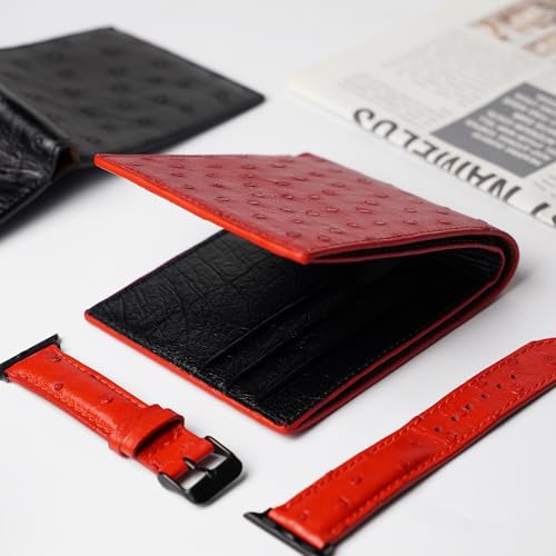 Image of HATA Red Black Ostrich Leather Bifold Wallet for Men, Double-Sided Ostrich Billfold with RFID Blocking, Handmade Leather Wallet Gift for Birthday, Anniversary, Father's Day VINAMOS-71