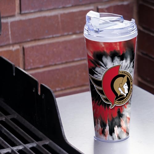 Image of Rico Industries NHL Hockey Team Color Tie Dye 24oz Metallic Acrylic Tumbler with Hinged Lid, Officially Licensed Double Wall Tumbler with Straw