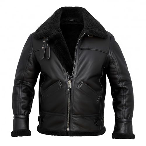 ADS Fashion Jackets Men's RAF B3 Aviator Sheepskin Leather Jacket with Fur Collar & Adjustable Waist Belt – Mens Bomber Jacket - Medium