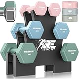 RE:SPORT® Set de mancuernas 3 pares, 1 kg - 5 kg, 12 kg o 18 kg con soporte y 3 bandas de fitness | Mancuernas de neopreno antideslizantes para mujeres y hombres | Set de mancuernas (Rosa suave/Azul