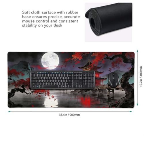 Image of Black Red Teal Japanese Mouse Pad 35.4x15.7 XXL Anime Mountain Lake Pavilion Tree Extended Large Mousepad Keyboard Mouse Mat Desk Pad with Non-Slip Rubber Base Stitched Edges for Home Office Game
