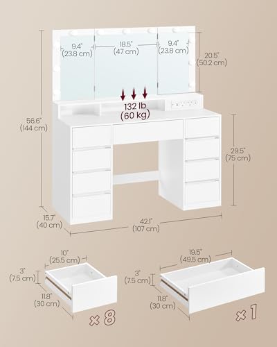 VASAGLE KAILYN Collection - Dressing Table with Tri-Fold Mirror, Vanity Table with 11 Bulbs, Power Outlets, 9 Drawers, 3 Colours, Tool-Free Drawer Slides Assembly, Cloud White RDT146WB02 - Image 4
