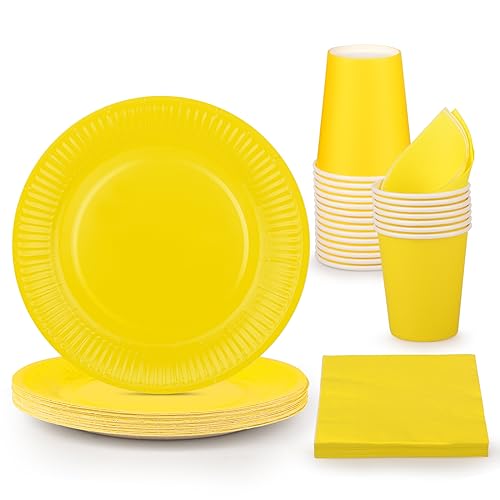 Fowecelt Party Plates Cups Napkins - 90pcs Paper Plates and Cups Set, Yellow Party Tableware, Disposable Dinnerware Party Supplies for Birthday Decoration