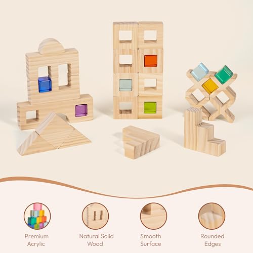Image of Woodtoe 47 PCS Rainbow Blocks Set, Wooden Building Blocks for Kids Ages 3-6 | Montessori Stacking Blocks Toys, 25 Gem Blocks, 22 Wooden Blocks, Educational STEM Creative Birthday Toys Gifts for Boy Girl
