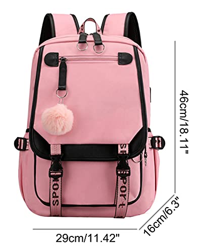JiaYou Teenage Girls' Backpack Middle School Students Bookbag Outdoor Daypack with USB Charge Port (21 Liters, Pink Black) - Thumbnail 2