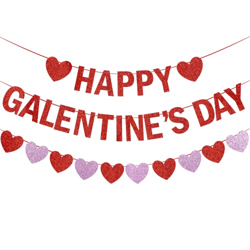 MZ.ogm Bannière Happy Galentines Day avec cœur – Rouge, paillettes et papier – Rectangulaire – Guirlande – Bannière