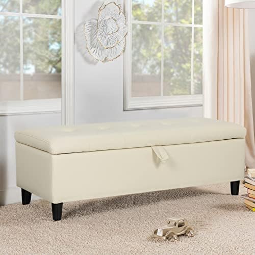 INMOZATA Ottoman Storage Bench Chest Leather Footstool Window Seat Bench Bed End Stool for Living Room Bedroom Hallway Beige