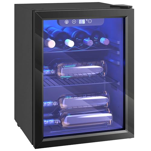 HOMCOM Cave à vin 16 bouteilles 48L, réfrigérateur à vin et boissons avec température réglable 4-16 °C, porte réversible en verre trempé double, éclairage LED et étagère amovible, noir
