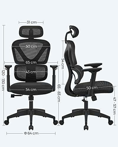 SONGMICS Krzesło biurowe, krzesło do biurka, ergonomiczne krzesło obrotowe, krzesło do komputera, tapicerka siatkowa, 4-stopniowa regulacja oparcia, nośność do 120 kg, czarne OBN064B01