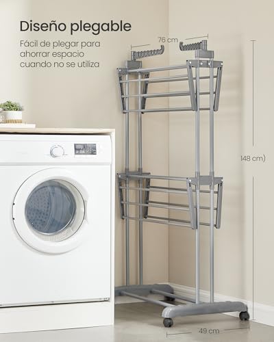 Miniatura 6 de Songmics Tendedero, Tendedero Plegable De 3 Niveles, Con Ruedas, Alas Plegables, 63,5 X 128 X 148 Cm, Gran Capacidad, Montaje Fácil, Uso Interior Y Exterior, Gris Paloma Llr702g01