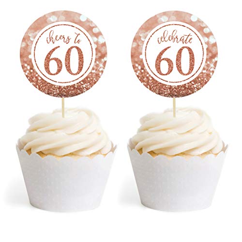 Andaz Press Glitzy Faux Rose Gold Glitter Round DIY Cupcake Toppers, Cheers to 60 Years, 60th Birthday or Anniversary, 20-Pack, Cake Dessert Party Decor