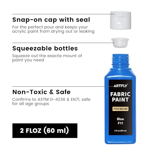 ARTFLY Textilfarben Waschmaschinenfest 24x60ml Set, Waschfest Stoffmalfarben inkl. Gold & Silber, Textil farbe für kleidung, Schuhe, Jeans & Stoffe, Zum Malen auf dunklen und hellen Stoffen