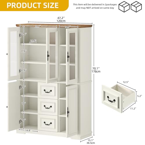 DWVO Large Storage Cabinet, 72" Tall Kitchen Pantry with Glass Doors, Freestanding Glass Display Cabinets with Adjustable Shelves & Drawers, Food China Hutch for Dining Room, Living Room, White