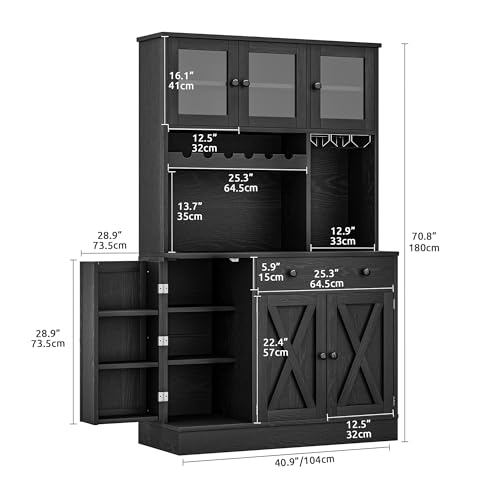 DWVO 71''H Kitchen Pantry Cabinet with Drawer, Doors, Goblet Holder, Wine Rack for Storage, Pantry Cabinet with Power Outlet for Kitchen & Living Room (Black Oak)