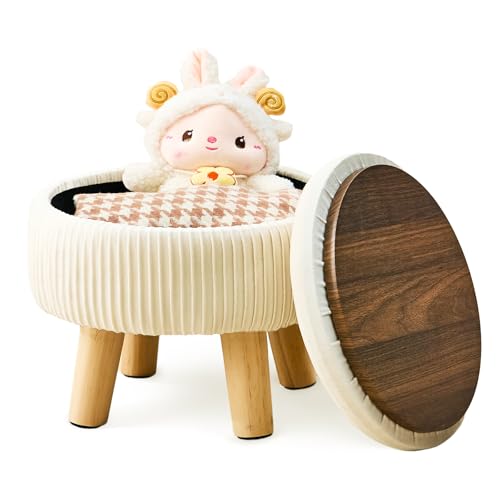 Wimarsbon Otomana de almacenamiento de terciopelo, reposapiés redondo moderno con asiento acolchado, reposapiés multifuncional con patas de madera, taburete para zapatos, mesa pequeña, soporte para