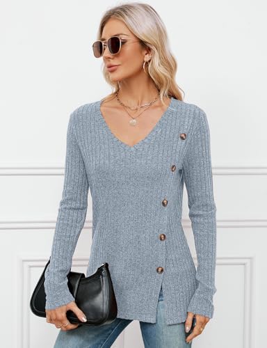 Akiooue Women's Jumpers, Ladies Going Out Casual V Neck Long Tunic Womens Fitted Party Long Sleeve Tops Women Cosy Christmas Jumper 2025 Size 20 Light Blue - Image 2