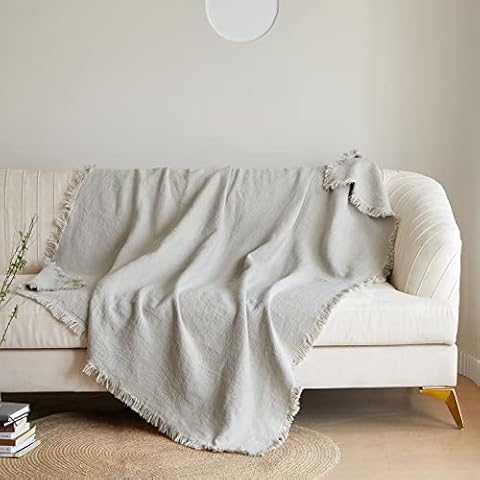 King Linens 100% Linen Throw Blanket with Fringe for Couch/Bed/Sofa/Gift, Natural Washed Flax Solid Color Soft Breathable Cozy Farmhouse Boho Home Décor - Linen, 55"x75" Cover
