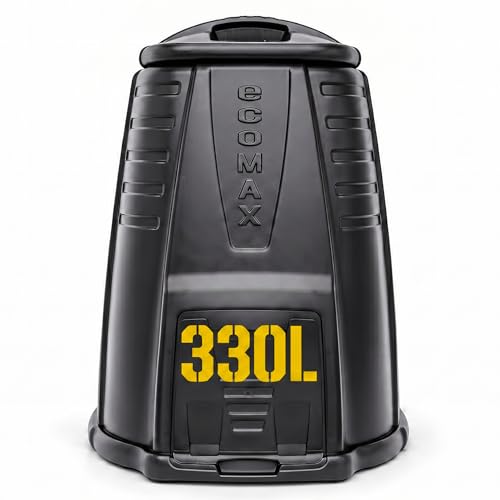 Image of NOVECRAFTO 330L Capacity Large Garden Compost Bin – Made in UK From Recycled Plastic - Cylindrical Shape Outdoor Composter with Secure Lid, Open Base, Wide Hatch for Food & Garden Waste - Black