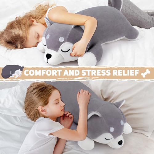 Image of Auspicious beginning 30'' Husky Stuffed Animal Plush Pillow, Huskies Anime Body Pillow, Kawaii Stuff Animal Plush Toy, Big Plushie Stuffed Dog Giant Plush Throw Pillow Gifts for Boys Girls