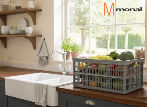 Monal Homion 32L Foldable Plastic Storage Crate – Collapsible Stackable Basket with Handles for Home, Garage & Car Boot – Grey – Pack Size Selection (3) - Image 4