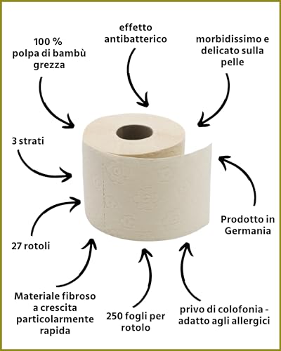 oecolife - Scatola di carta igienica in bambù, 3 strati, 27 rotoli da 250 fogli, confezione grande, super morbida, senza plastica, prodotto vegano, carta igienica sostenibile - 3