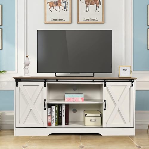 4 EVER WINNER TV Stand for 65 Inch TV for Living Room, Modern Farmhouse Barn Door TV Stand with Storage Cabinets and Adjustable Shelves for Bedroom, Media Entertainment Center TV Console Table, White - Thumbnail 5