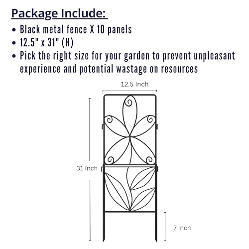 ShopLaLa Decorative Garden Fence (10 Panels) 12.5in(L) x 31in(H) Animal Barrier Fencing Rustproof Black Metal Wire Flower Edging for Landscape, Small Dog Fences Large No Dig Outdoor Yard Border D-F30C