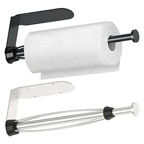 Paper Towel Holder Under Cabinet, Wall Mount, 2 Pack Single Hand Operable, with Damping Effect, Bend-Resistant, Self-Adhesive or Drill Mounting for Kitchen Bathroom, Black+Silver