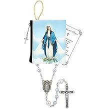 Rosary Miraculous Medal - White Pearl Miraculous Medal Rosary Beads, Our Lady of Grace Full Color Zippered Pouch, The Lords Prayer Card - Set of 3 Items