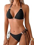 swimall Women's Bikini Set Sexy Triangle Halter Two Piece Swimsuit Double Straps String Tie Bathing Suit - 403 - Black - Medium
