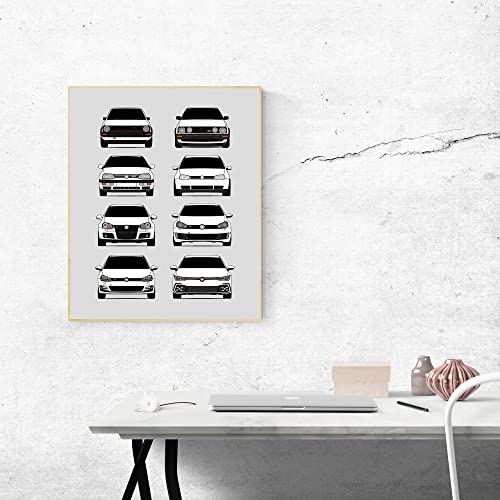 Volkswagen Golf Gti Generations Inspired Car Poster - Handmade Print Of Vw Gti (Car Models: Mk1 To Mk8) - White, 8X10" Satin Print (Unframed) - Perfect Gift For Car Enthusiast #TOP3