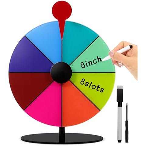 RGQSUN 8Inch Spinning Prize Wheel with Stand and Dry Erase Marker,8Slots Roulette Spinner for Games,Engaging Home Parties,Trade Show,Carnival Events Cover