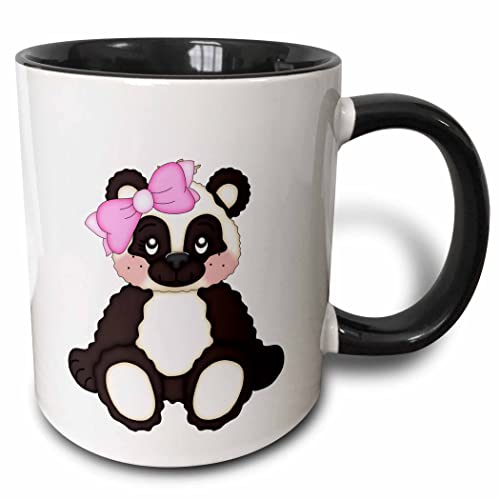3dRose Cute Girl Panda Bear Art with A Pink Bow 11oz Two-Tone Black Mug