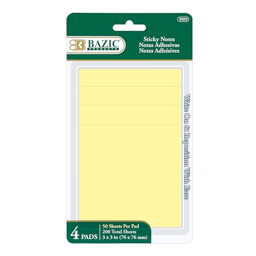BAZIC Products Yellow Sticky Notes, 3 x 3 in, 50 Sheets, 4 Pads, 144-Case